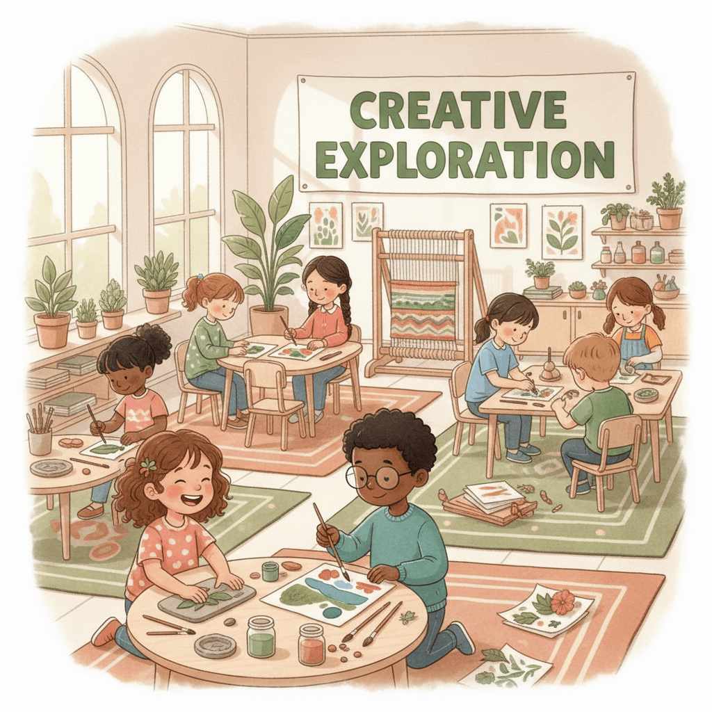 Children creating art projects with natural materials in bright classroom environment