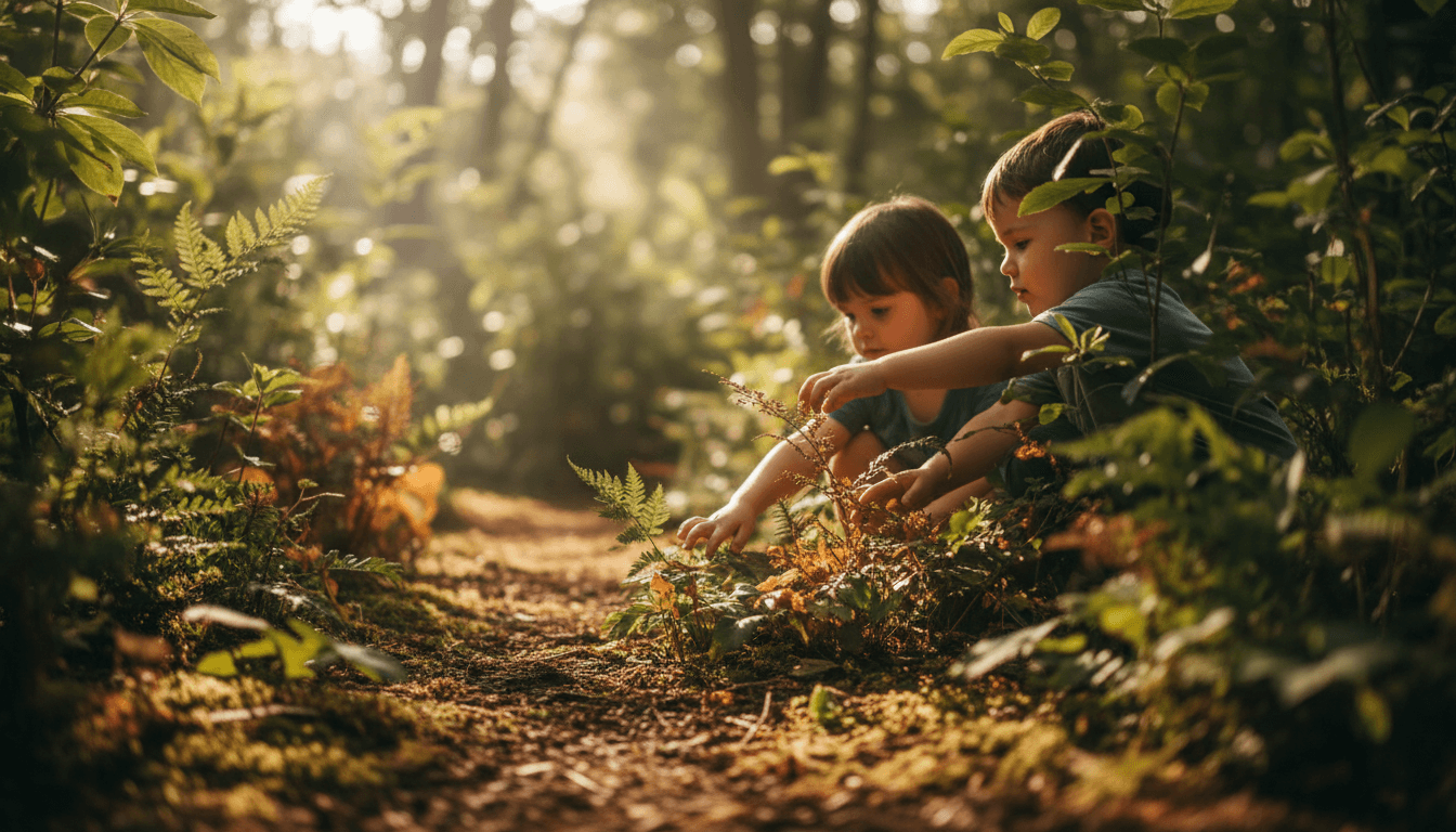 Children exploring green plants in a natural garden setting, embodying sustainability and environmental learning