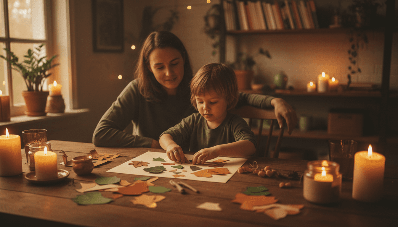 Parent and child engaged in a creative art activity with natural materials