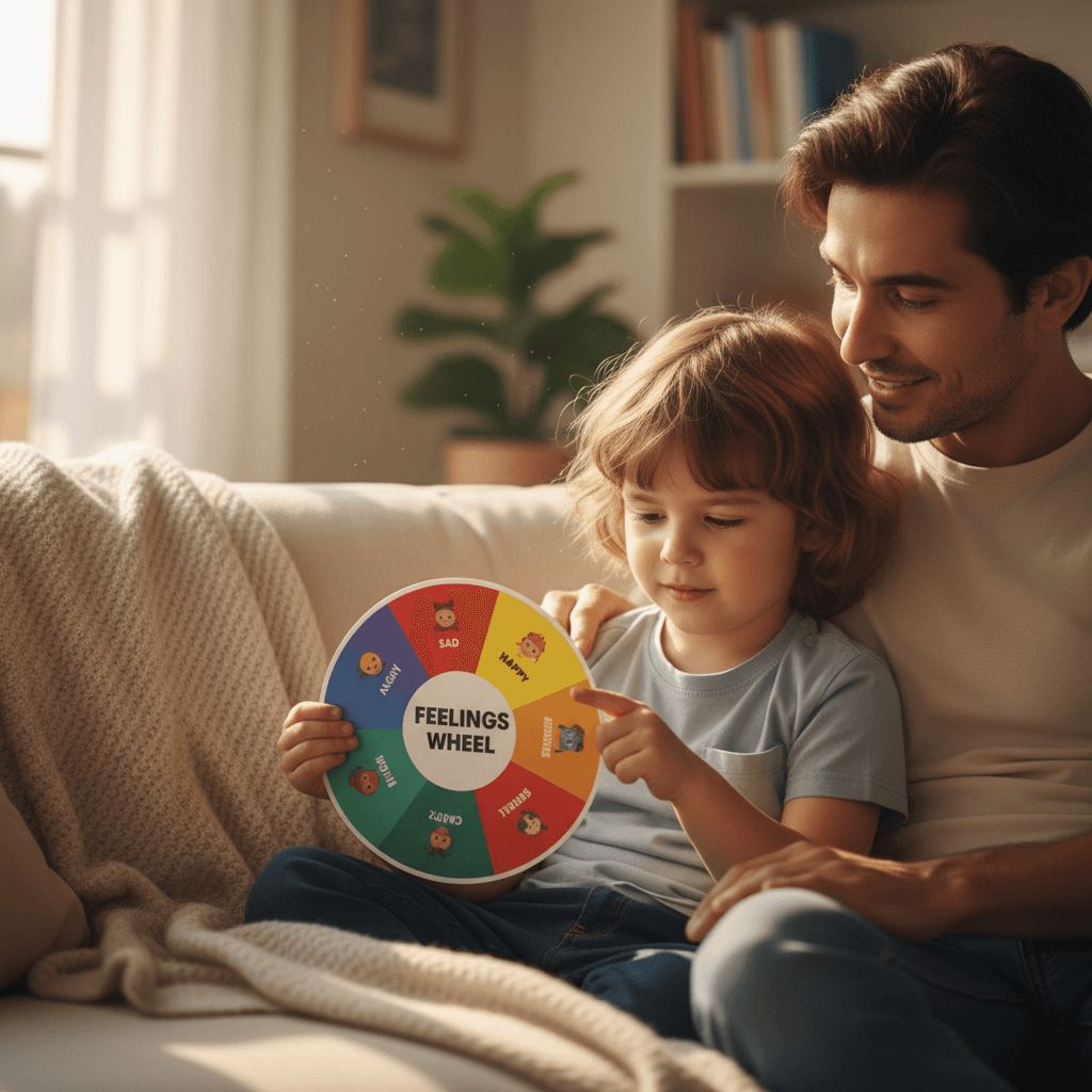 Child and parent using an emotional awareness tool together