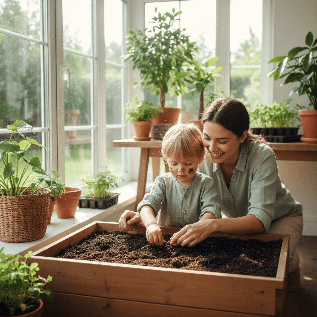 Child planting seeds under parent guidance indoors