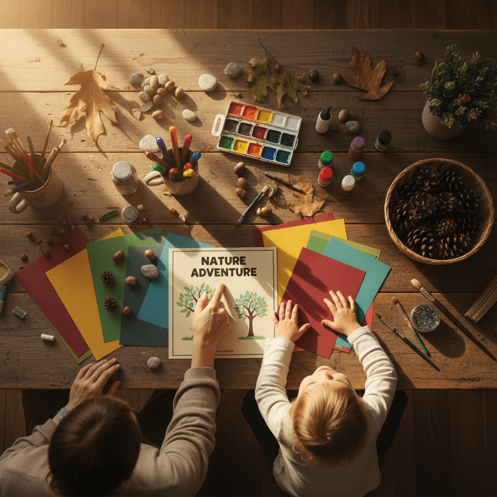 Parent and child working through a creative lesson plan with craft materials