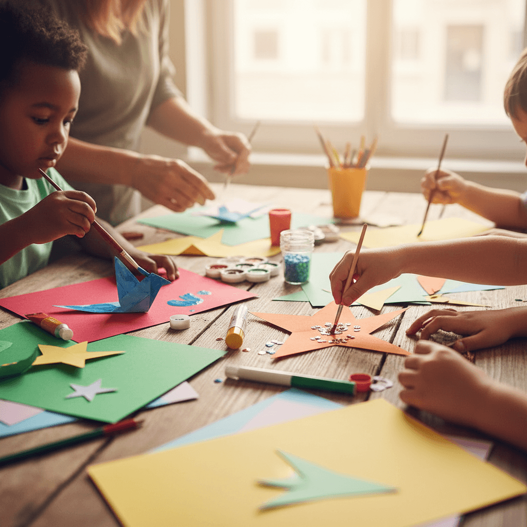 Children and educator collaborating on a hands-on art project using natural materials